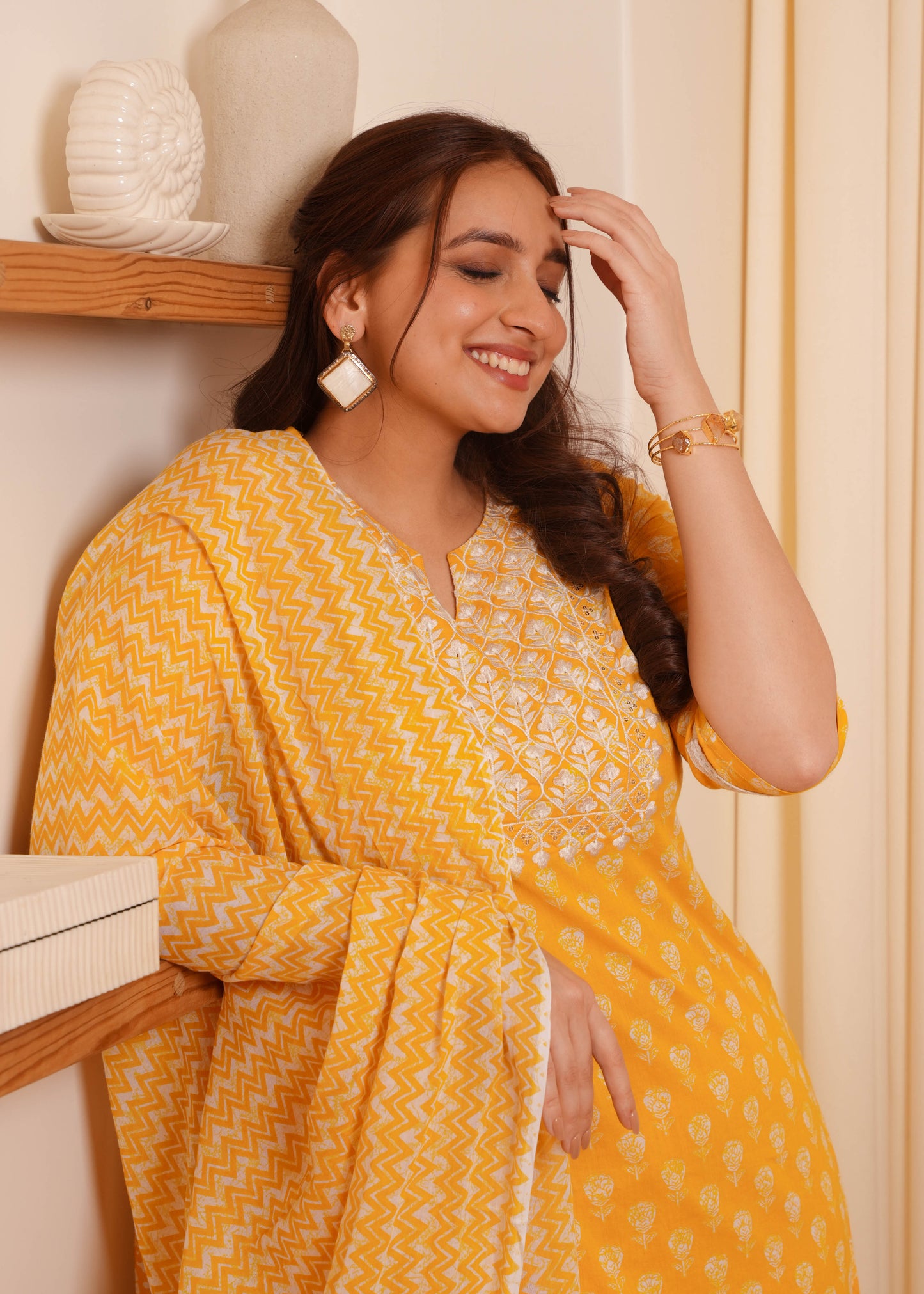 Embroidered Soft Cotton Block Print Straight Yellow Kurta