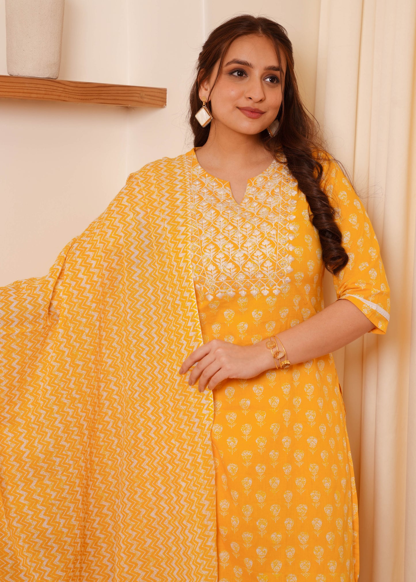 Embroidered Soft Cotton Block Print Straight Yellow Kurta