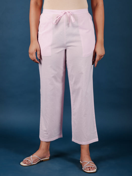 Soft Cotton Solid Pink Straight Trousers