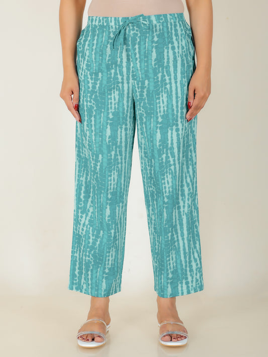 Kantha Cotton Geometric Blue Straight Trousers
