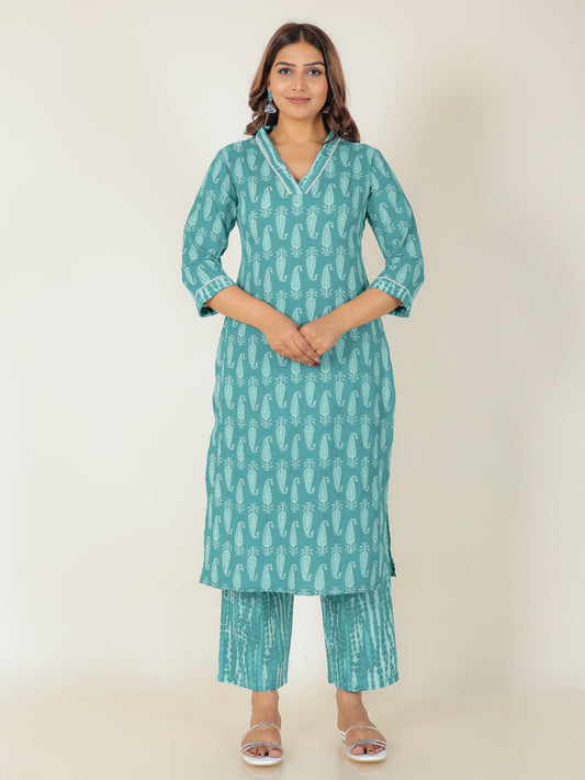 Kantha Cotton Paisley Straight Blue Kurta