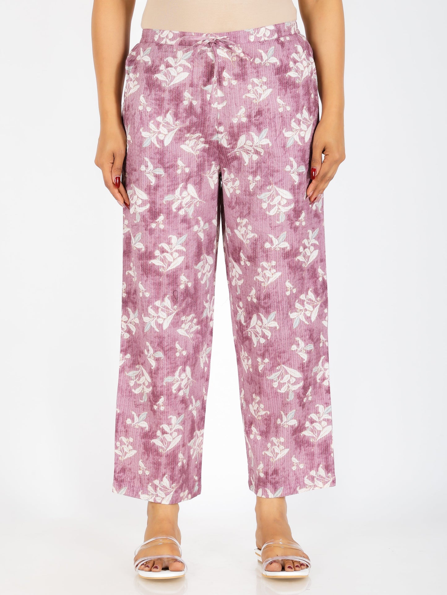 Kantha Cotton Floral Purple Straight Trousers