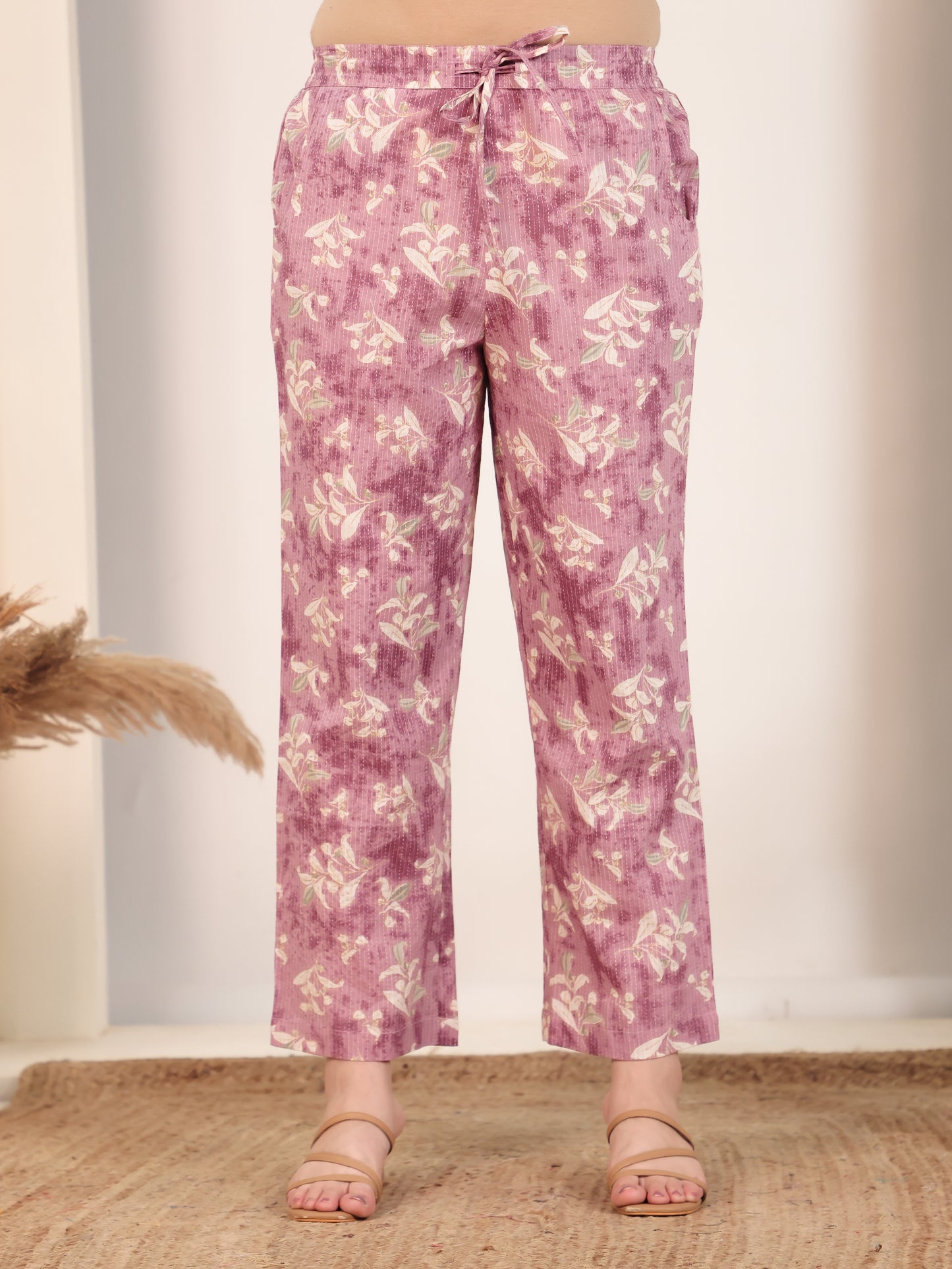 Kantha Cotton Floral Mauve Straight Trousers