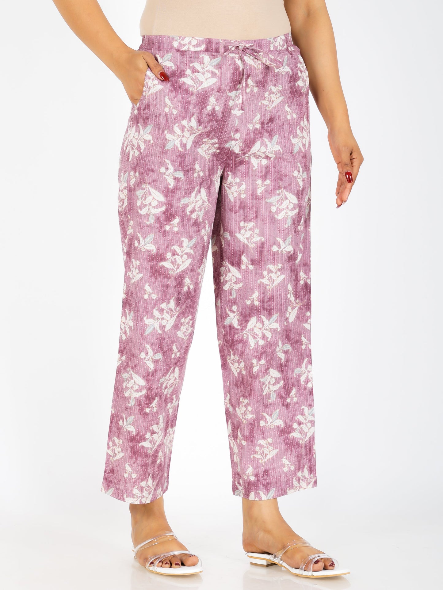 Kantha Cotton Floral Purple Straight Trousers