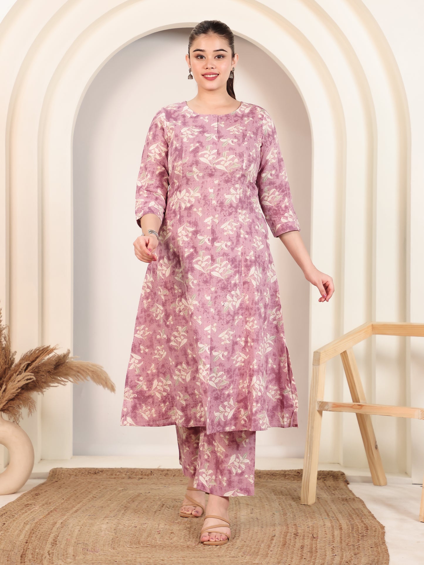 Kantha Cotton Floral Flared Mauve Kurta