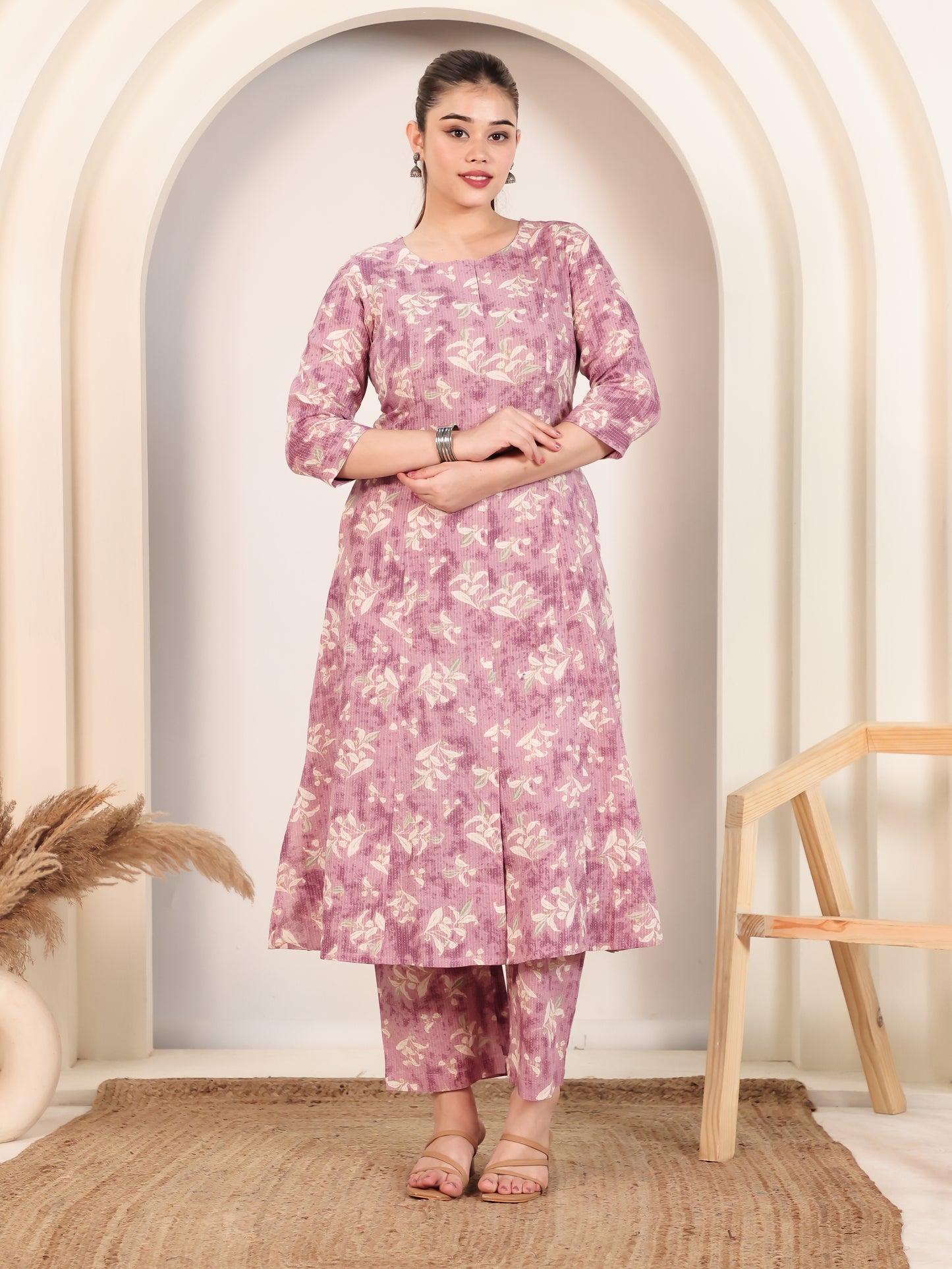 Kantha Cotton Floral Flared Mauve Kurta