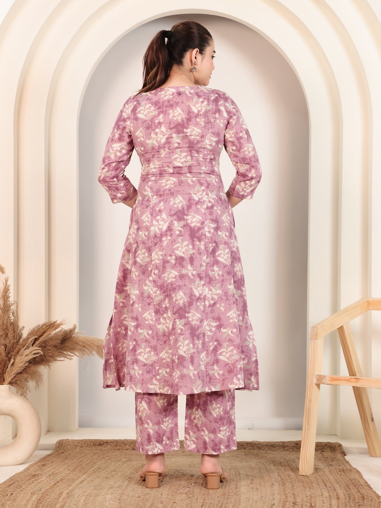 Kantha Cotton Floral Flared Mauve Kurta
