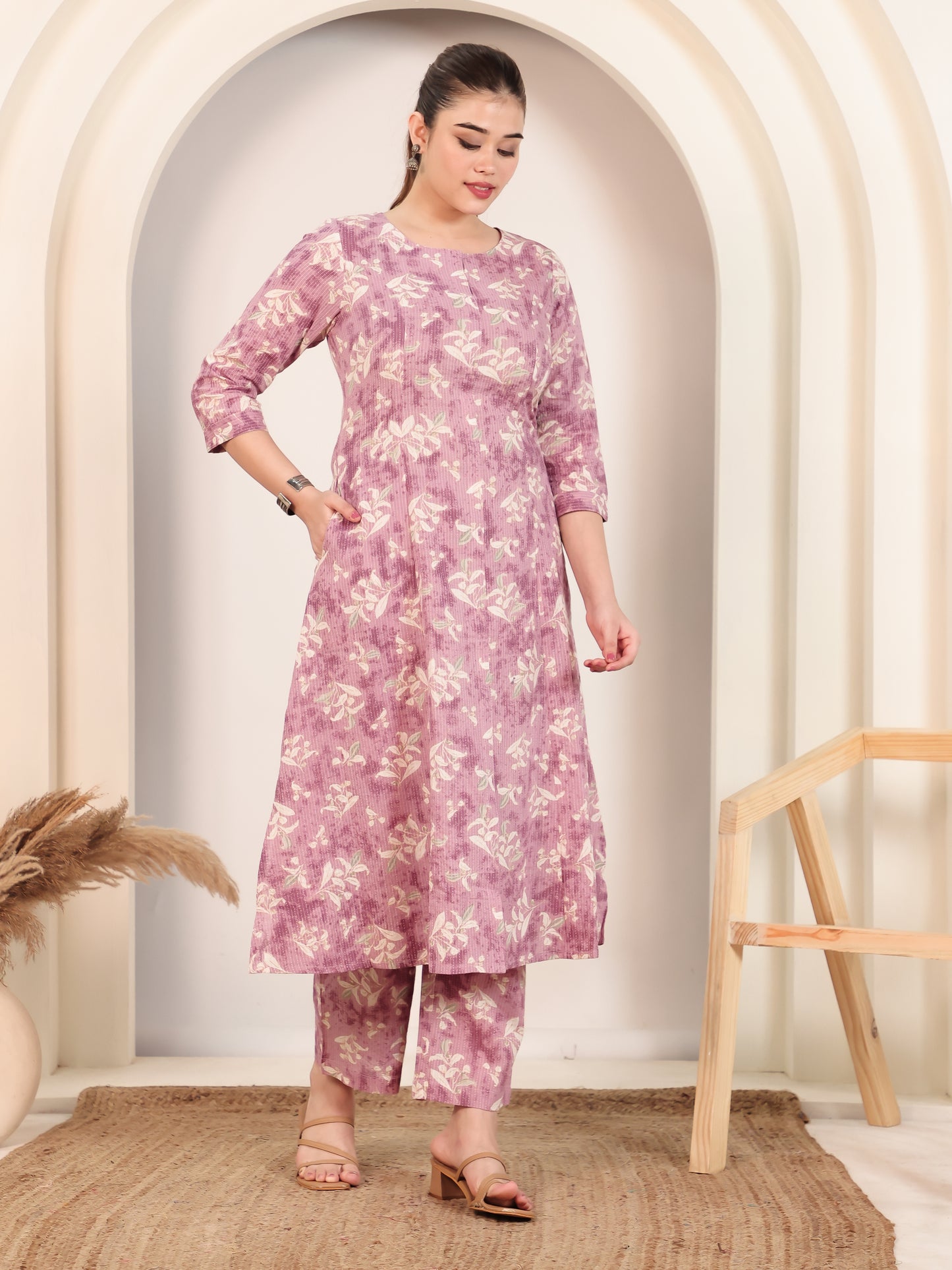 Kantha Cotton Floral Flared Mauve Kurta