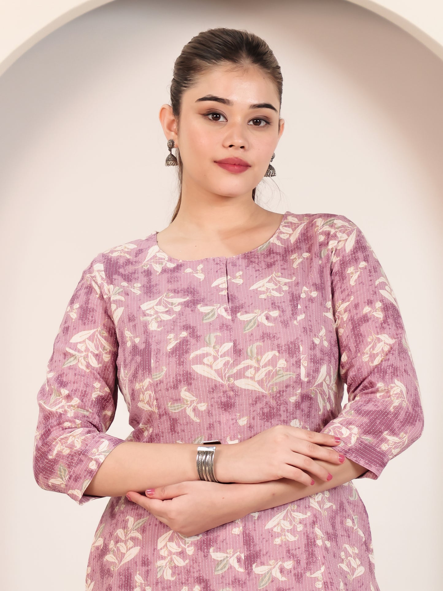 Kantha Cotton Floral Flared Mauve Kurta