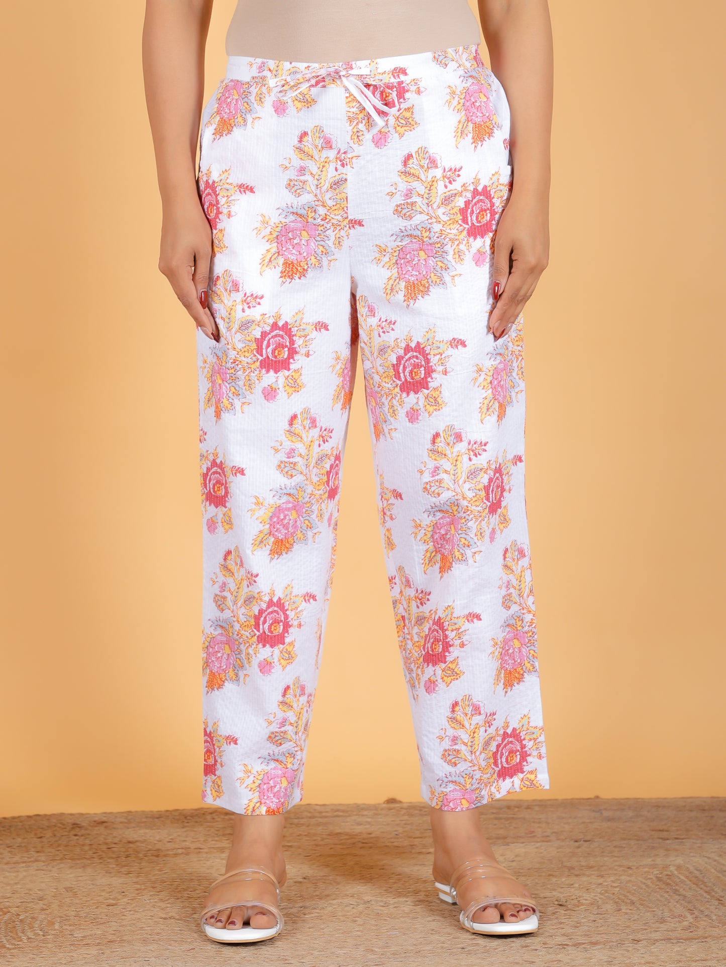 Kantha Cotton Floral White Straight Trousers