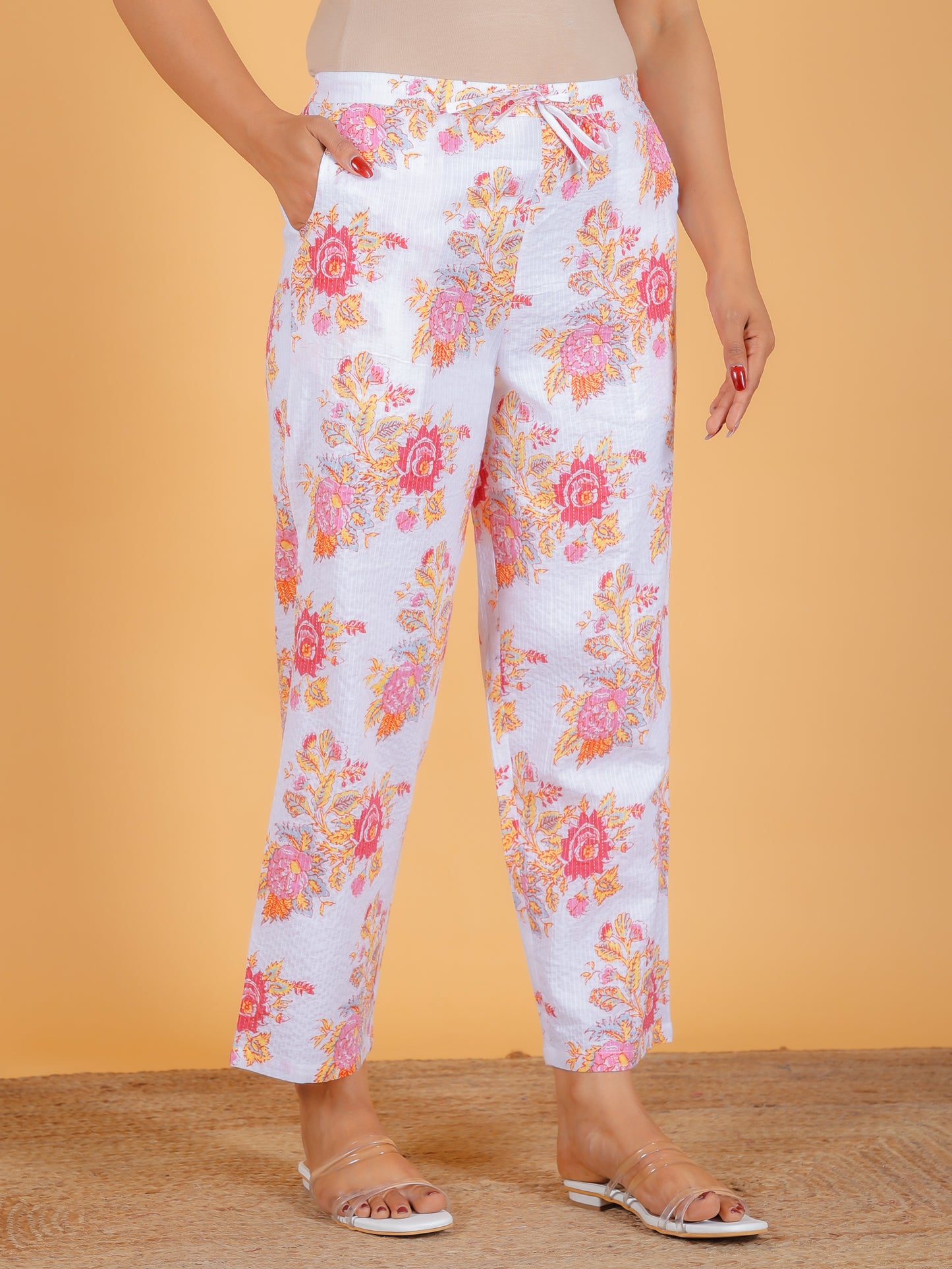 Kantha Cotton Floral White Straight Trousers