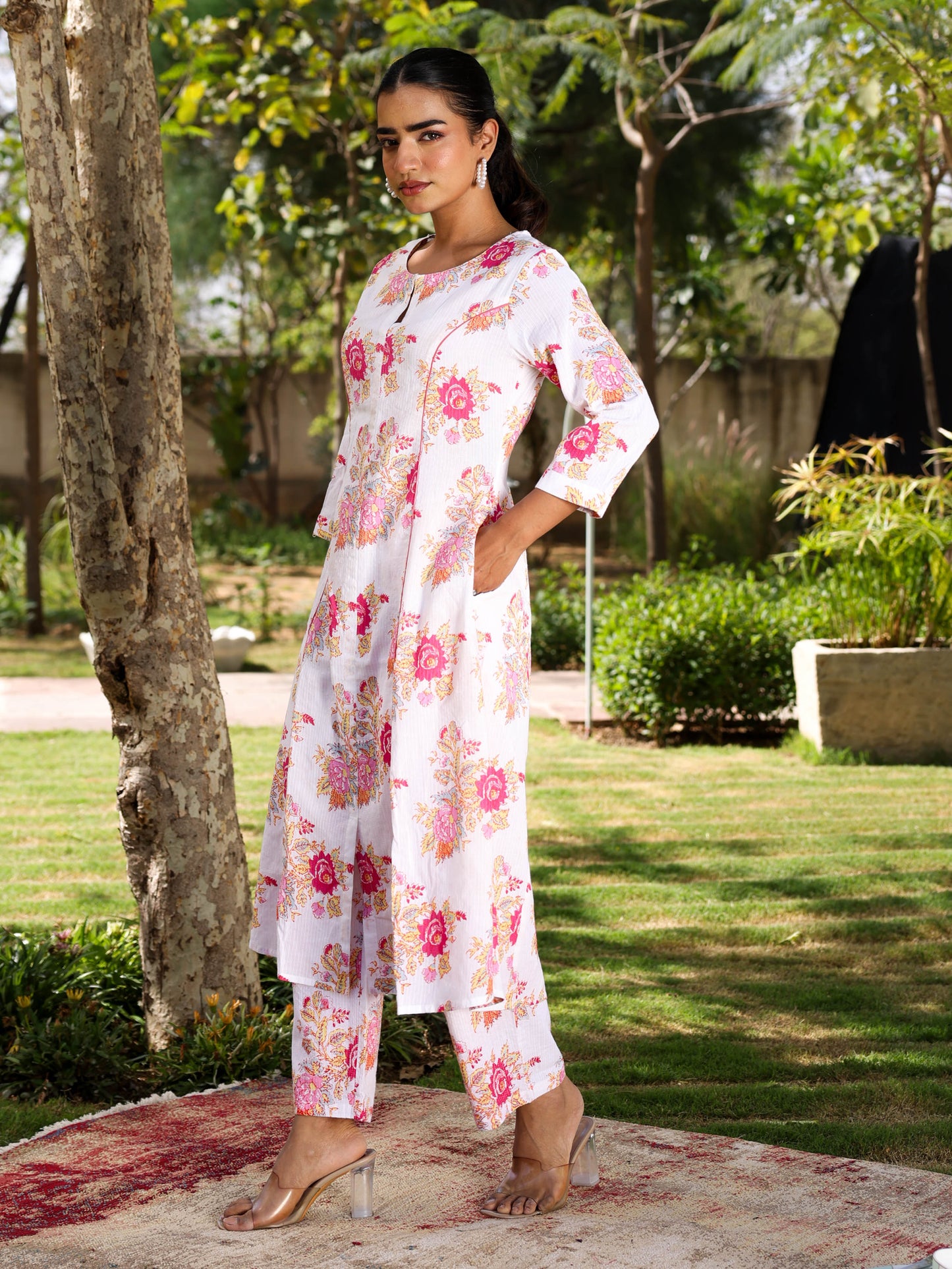Kantha Cotton Floral Flared White Kurta