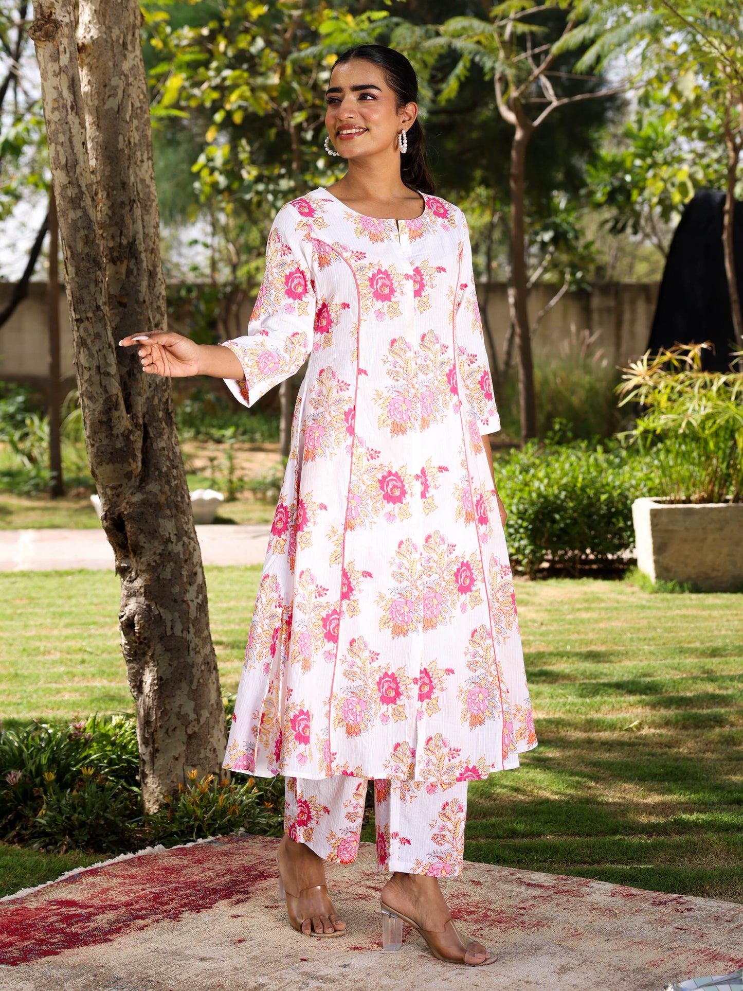 Kantha Cotton Floral A-line White Kurta