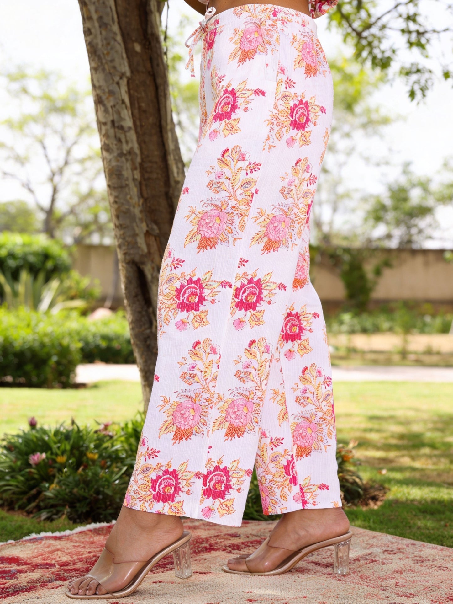 Kantha Cotton Floral White Straight Trousers