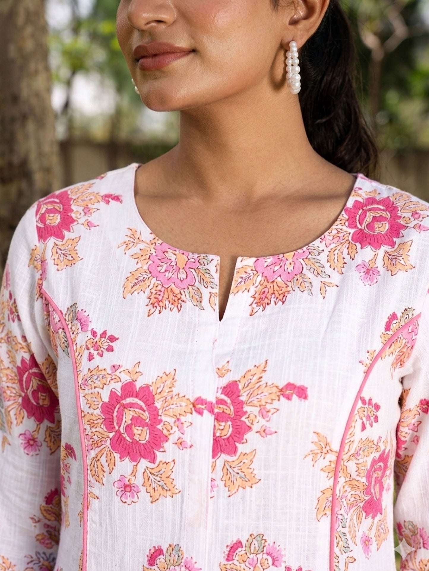 Kantha Cotton Floral Flared White Kurta