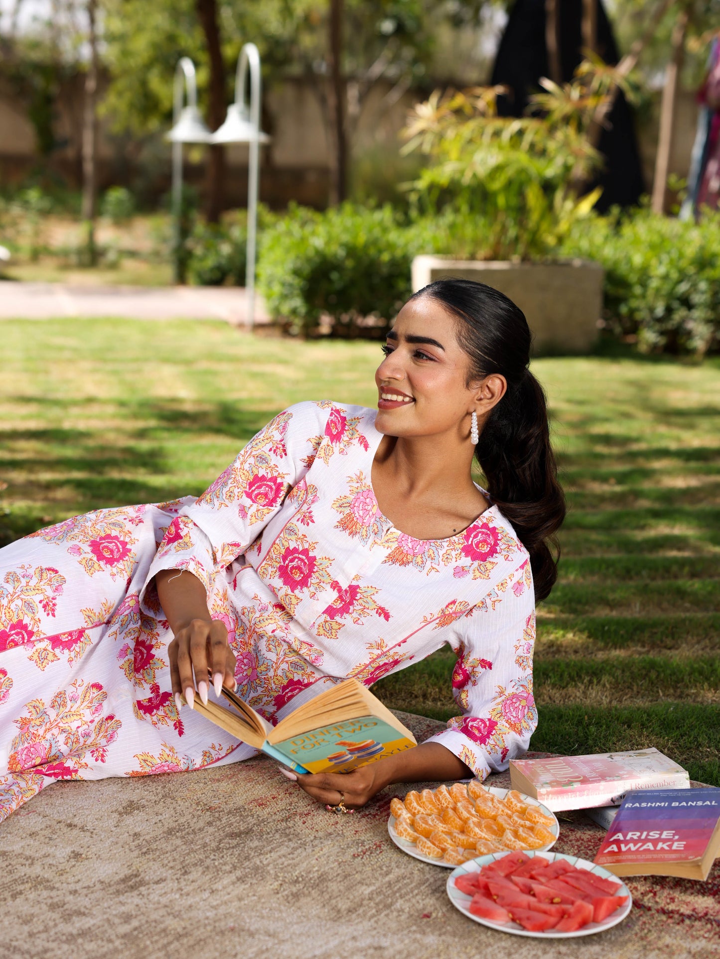 Kantha Cotton Floral Flared White Kurta