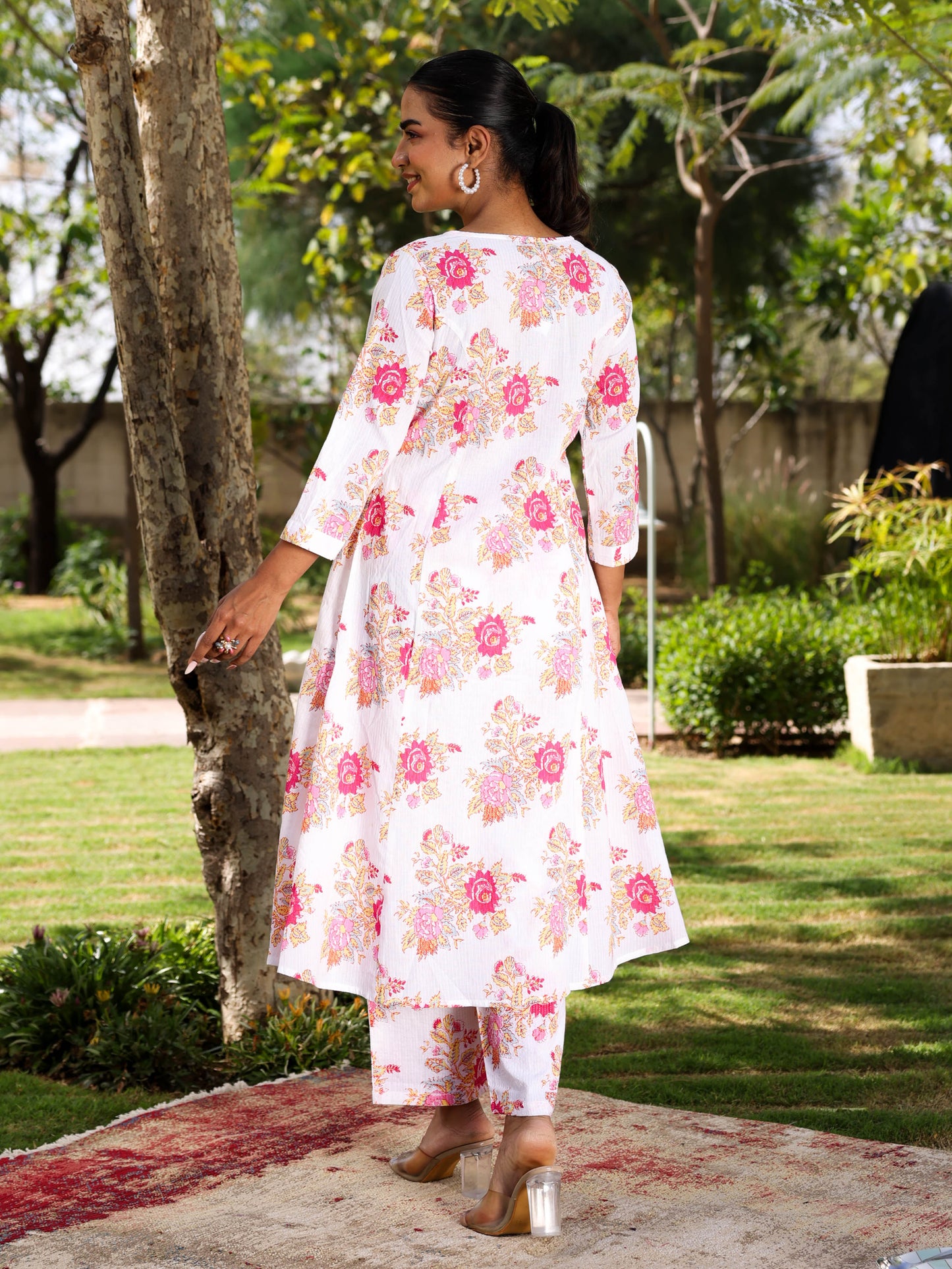Kantha Cotton Floral Flared White Kurta