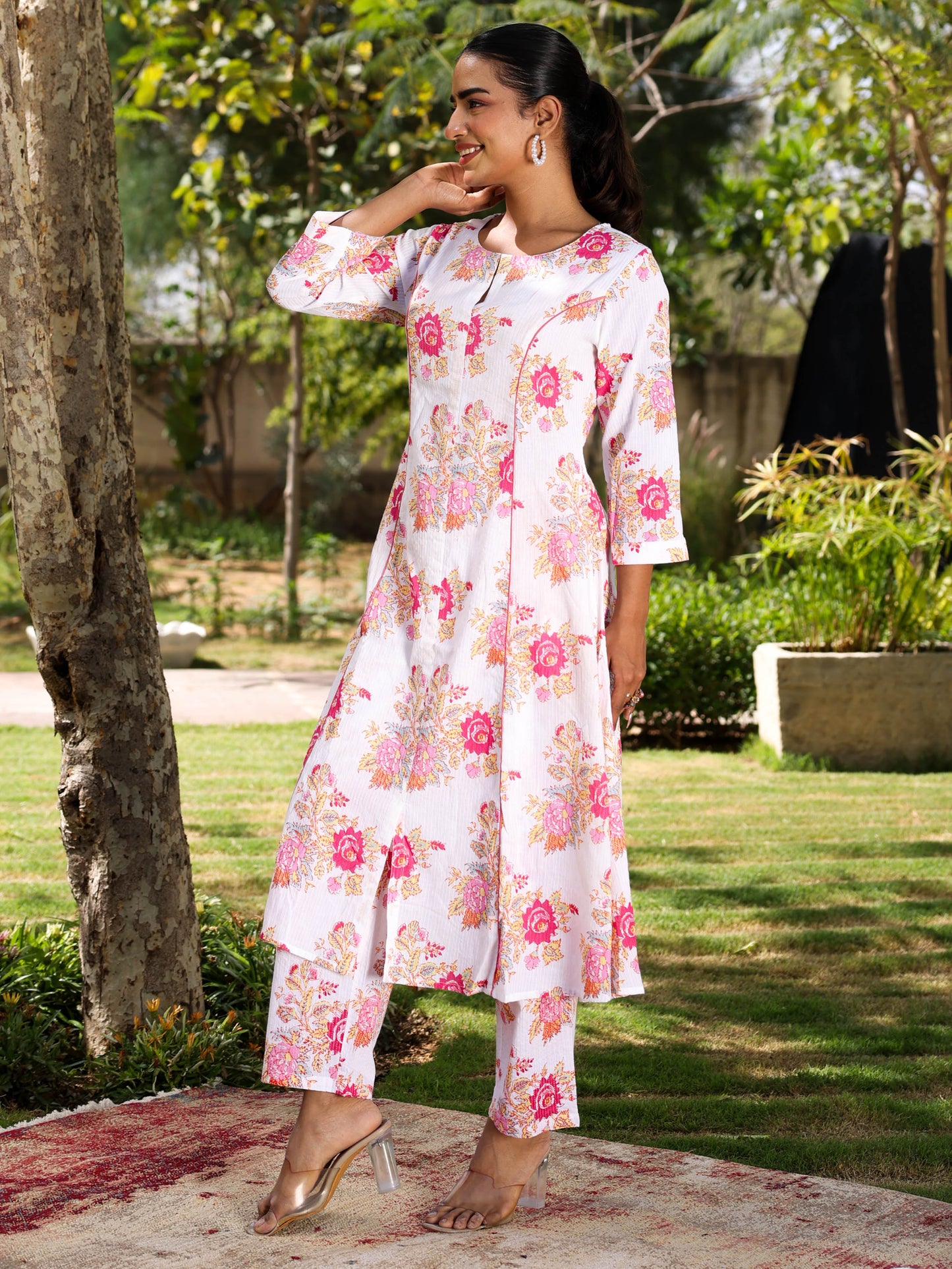 Kantha Cotton Floral Flared White Kurta
