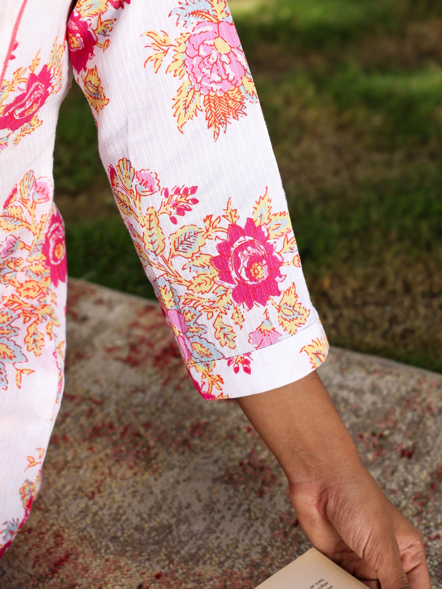 Kantha Cotton Floral Flared White Kurta