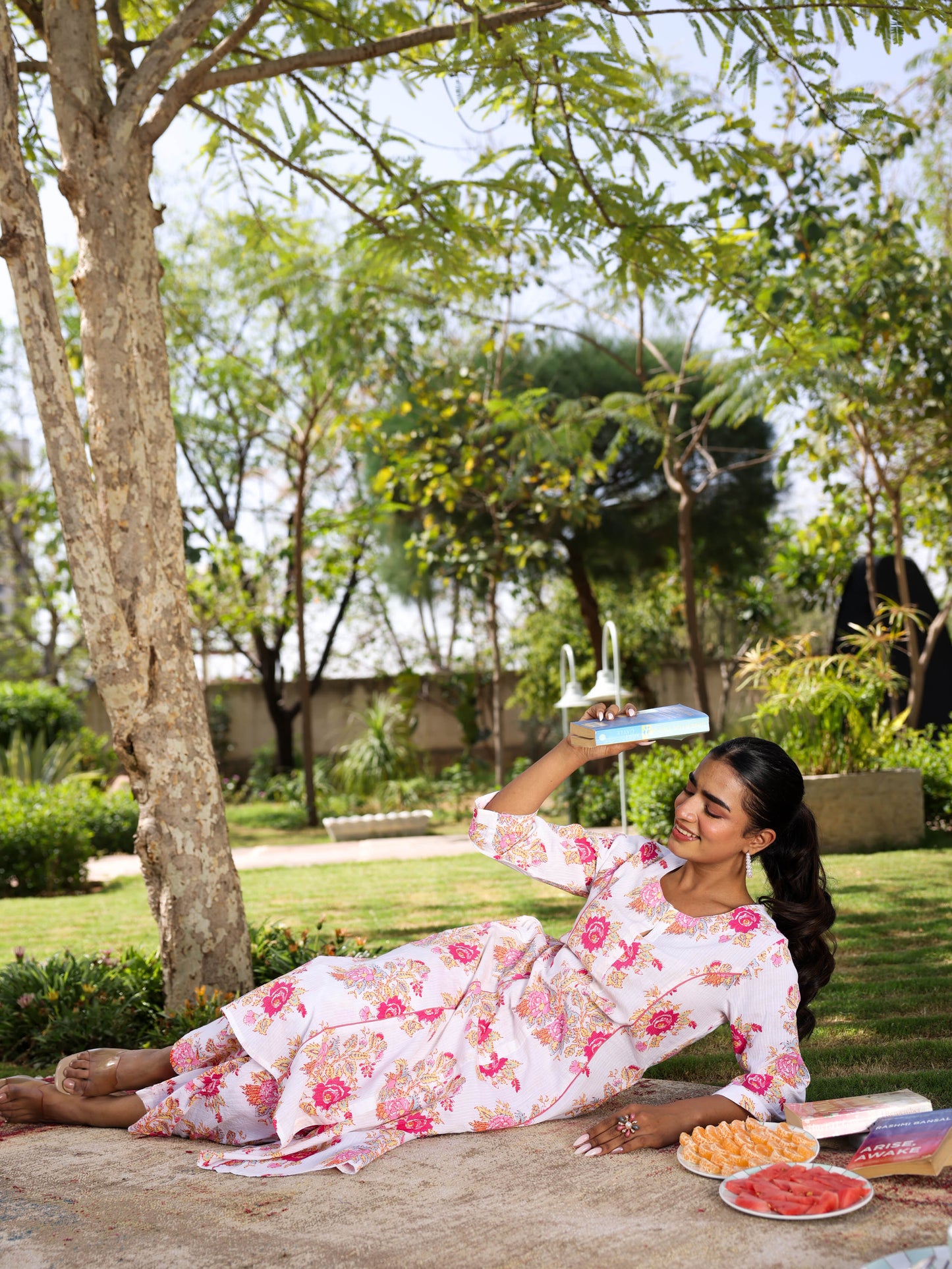 Kantha Cotton Floral Flared White Kurta