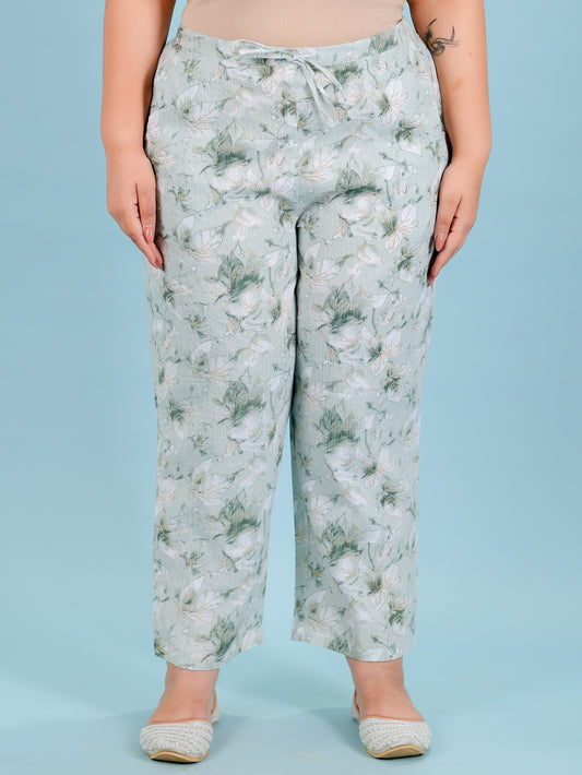 Kantha Cotton Floral Green Straight Trousers