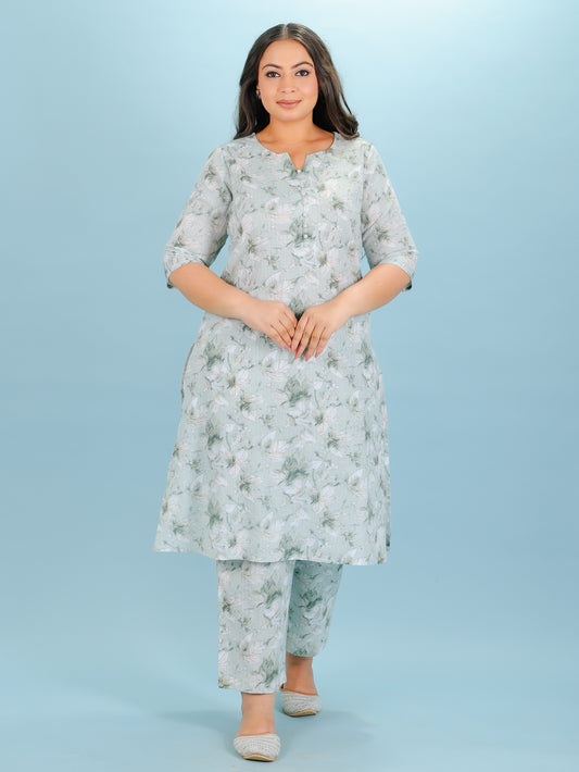 Kantha Cotton Floral A-line Green Kurta