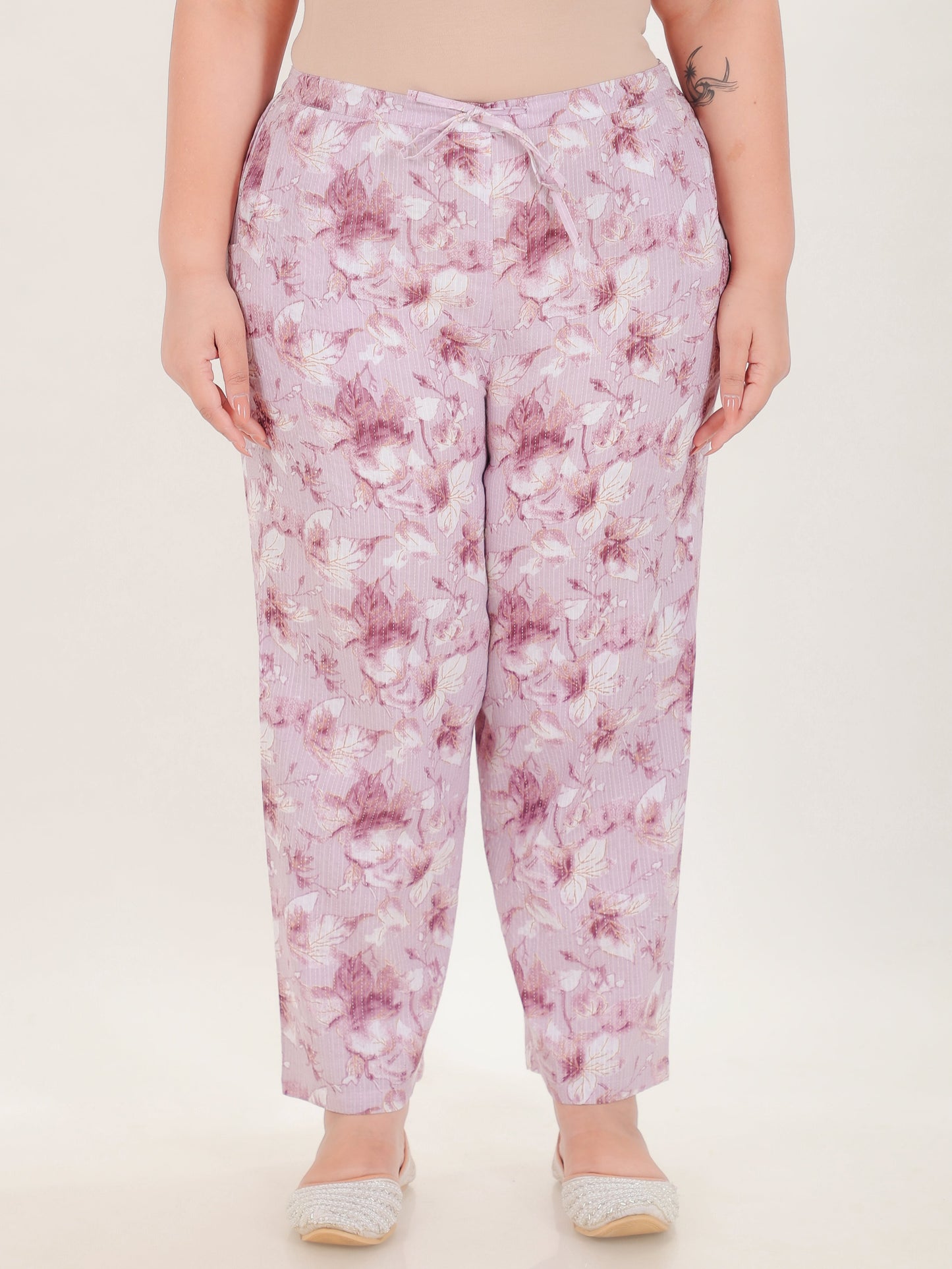 Kantha Cotton Floral Purple Straight Trousers