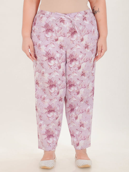 Kantha Cotton Floral Purple Straight Trousers