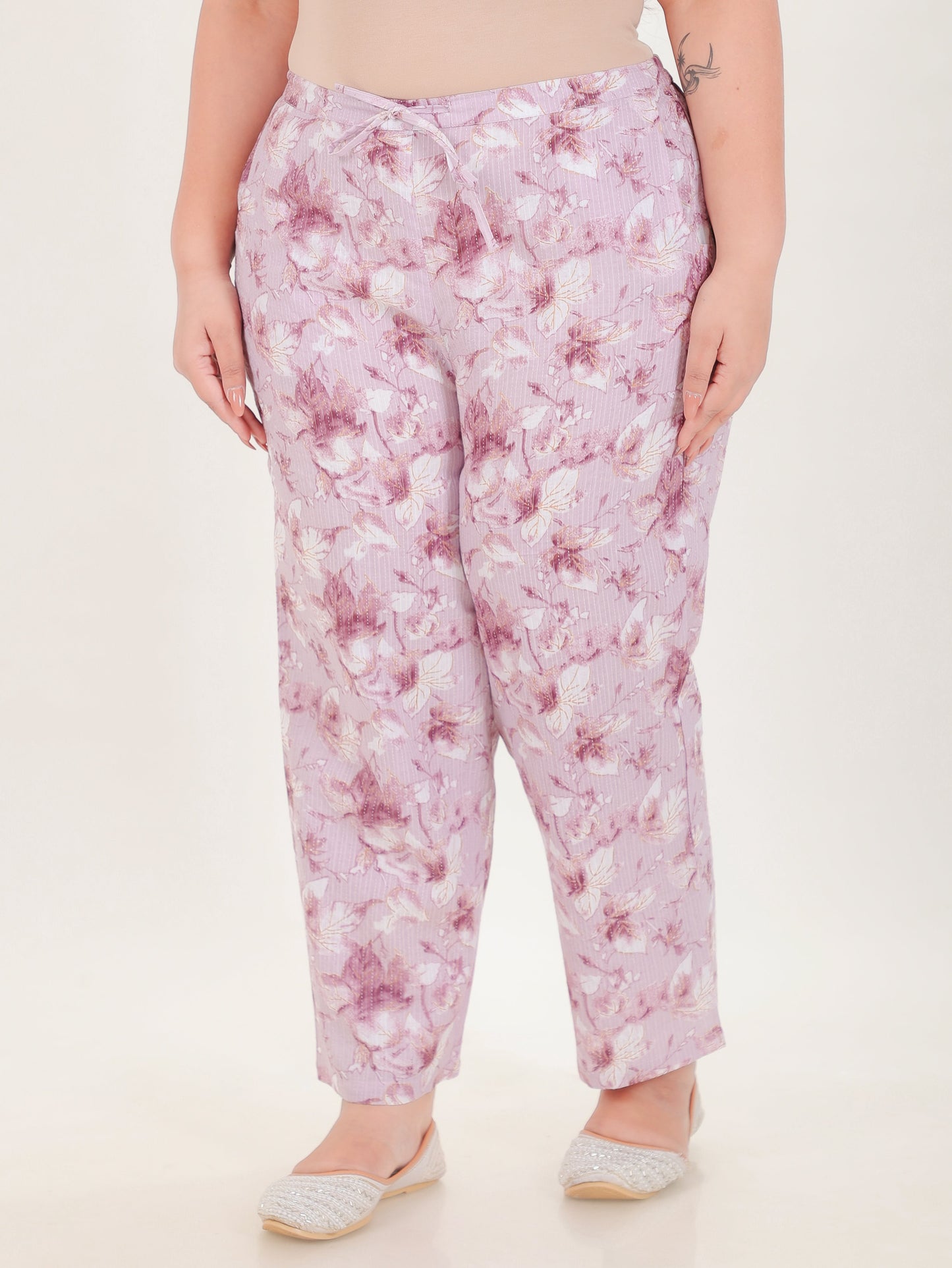 Kantha Cotton Floral Purple Straight Trousers