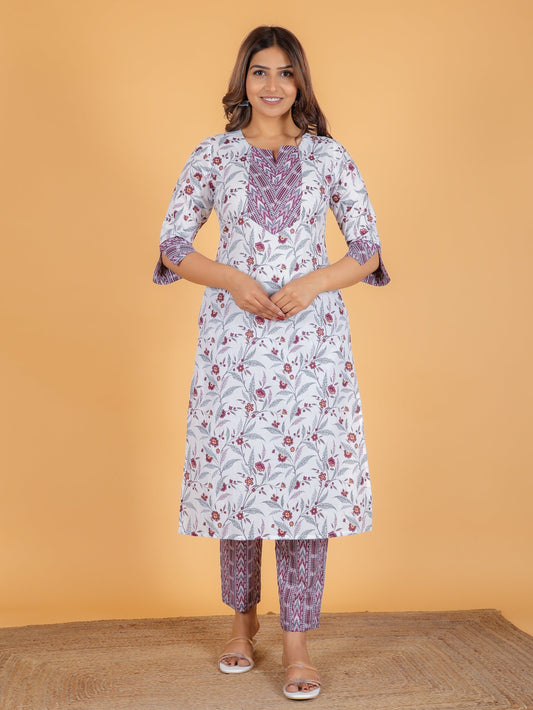 Soft Cotton Floral Straight White Kurta