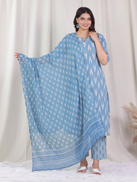 Cotton Voile Butti Blue Dupatta