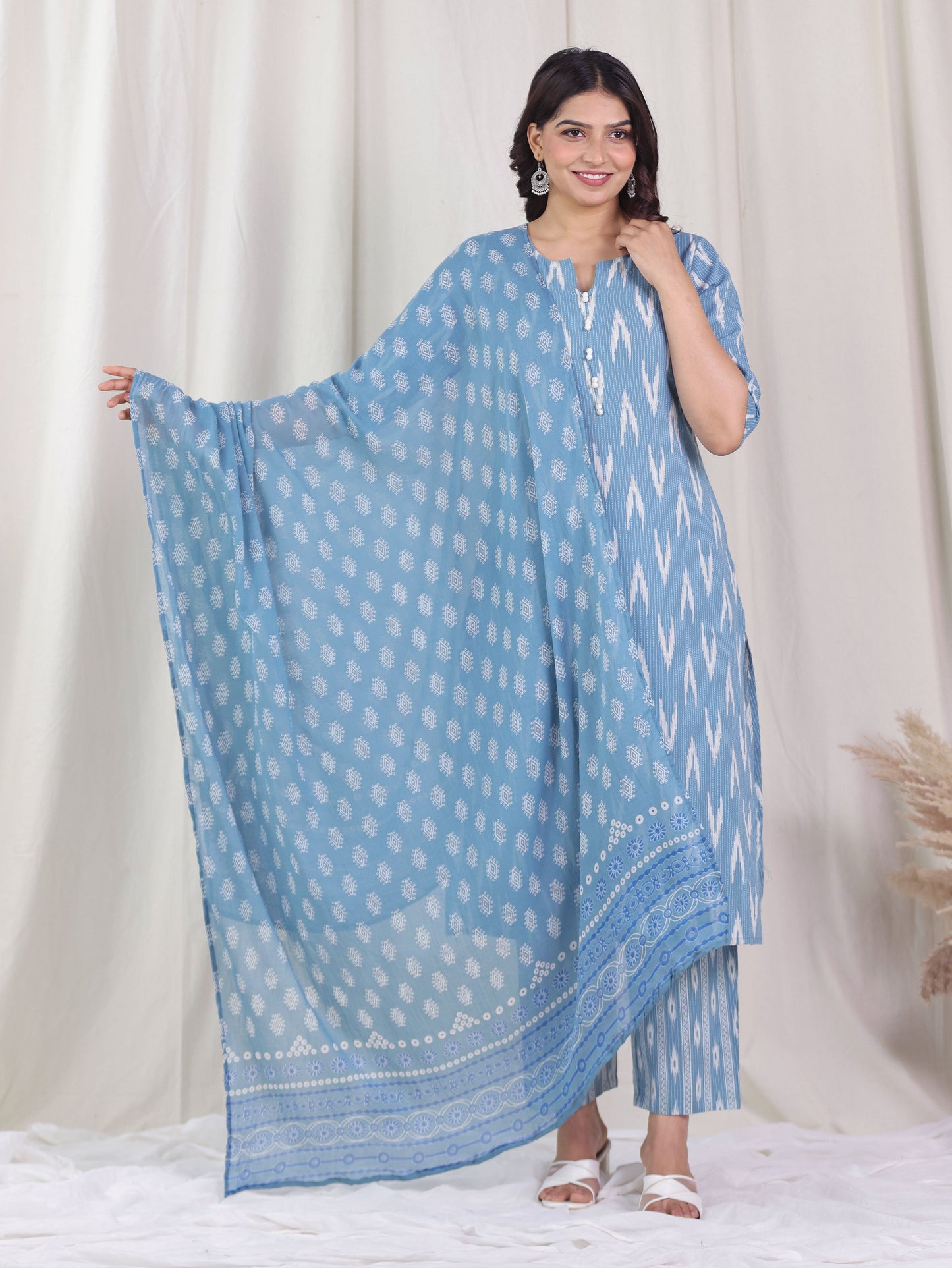 Cotton Voile Butti Blue Dupatta