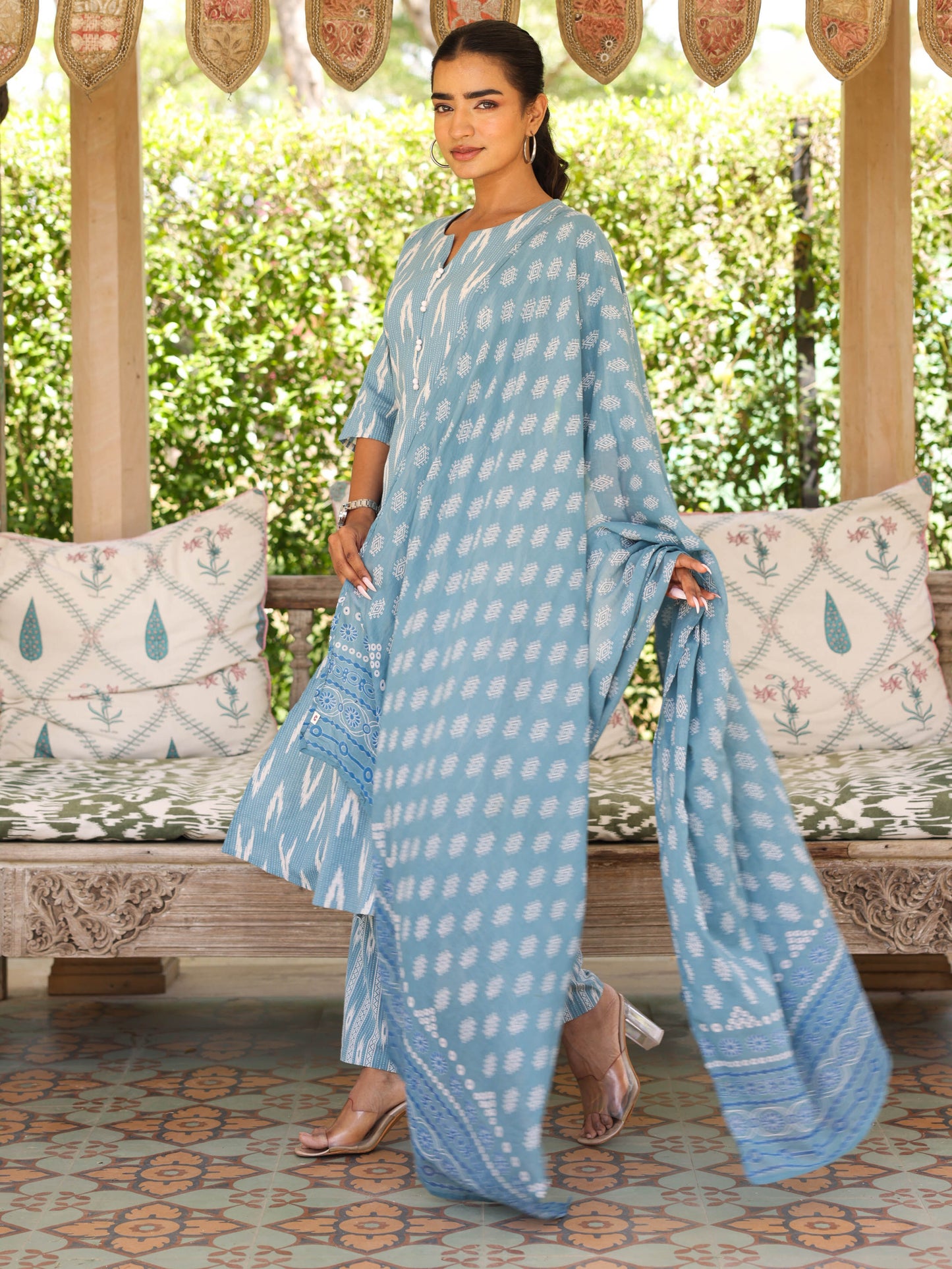 Cotton Voile Butti Blue Dupatta