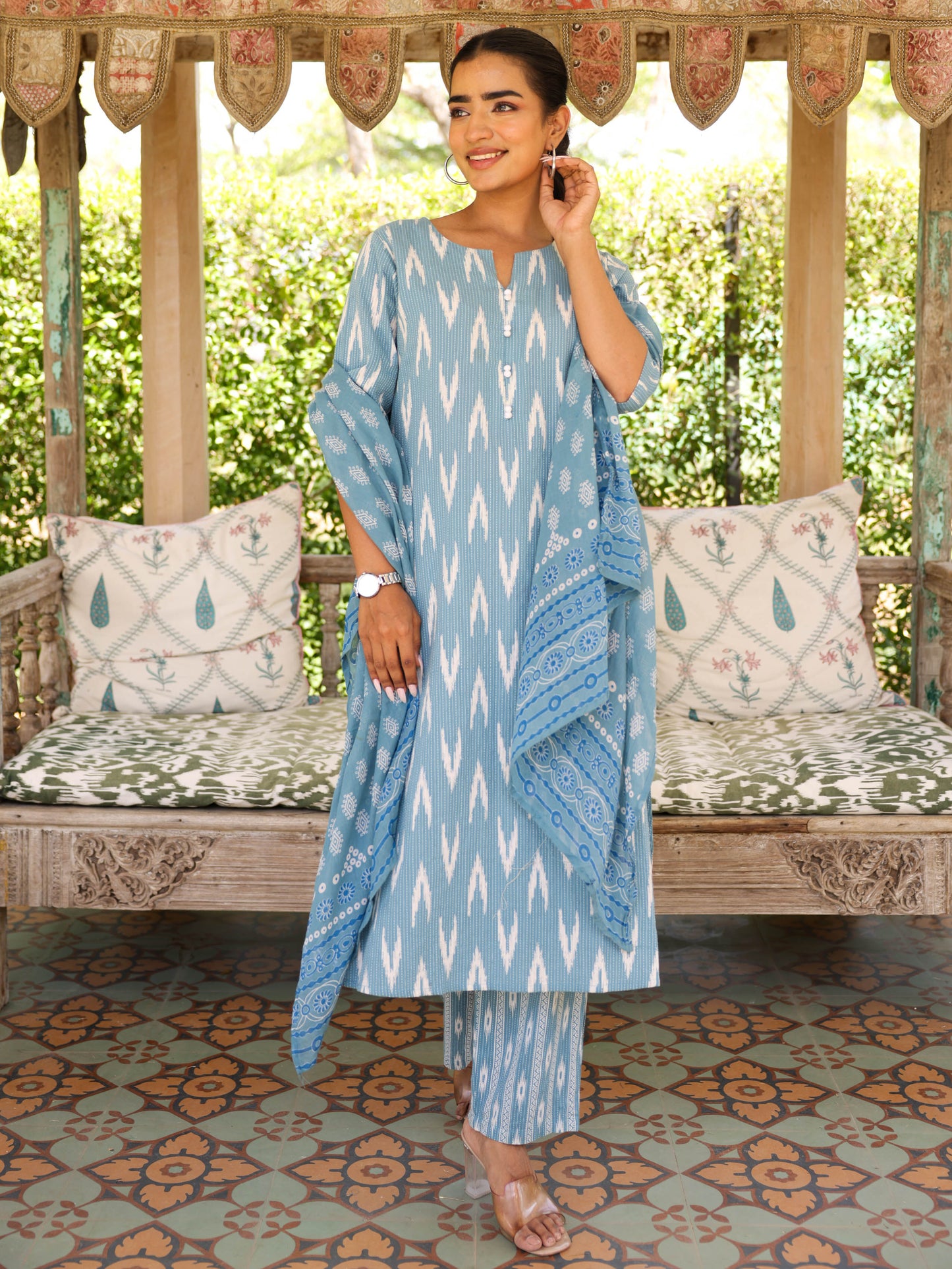 Kantha Cotton Ikat A-line Blue Kurta