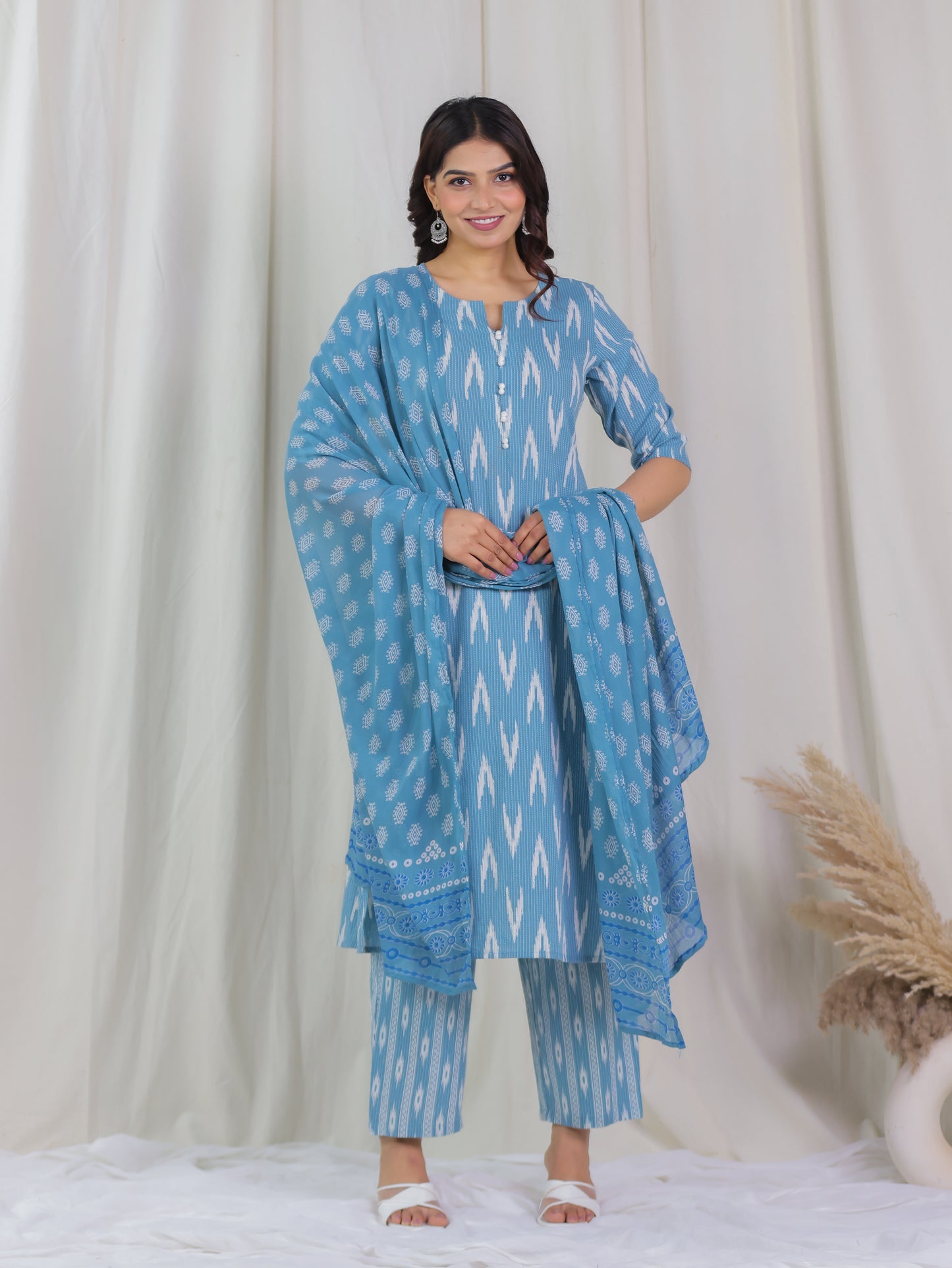 Kantha Cotton Ikat A-line Blue Kurta