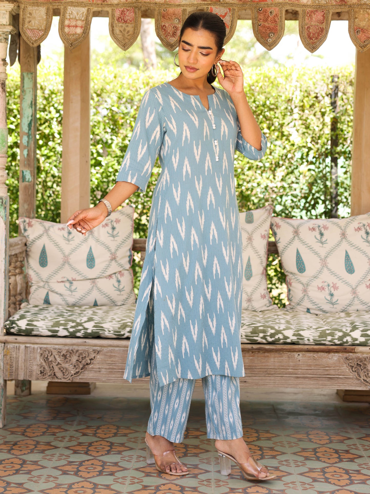 Kantha Cotton Ikat A-line Blue Kurta