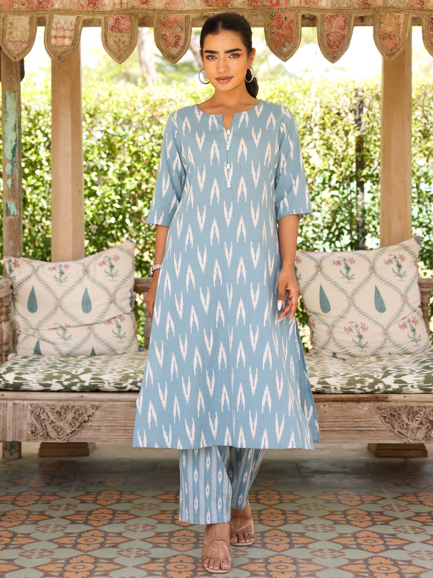 Kantha Cotton Ikat A-line Blue Kurta