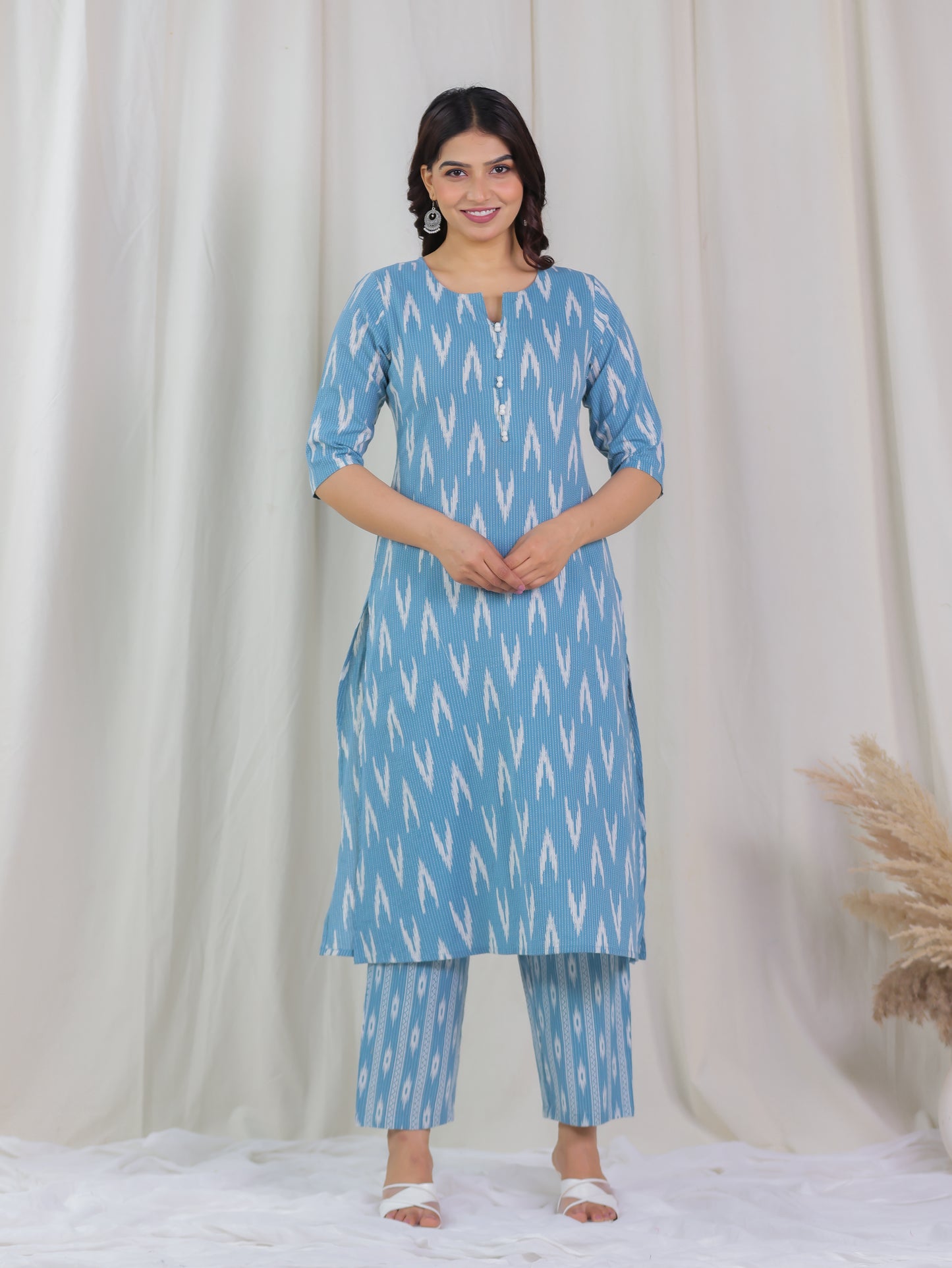 Kantha Cotton Ikat A-line Blue Kurta
