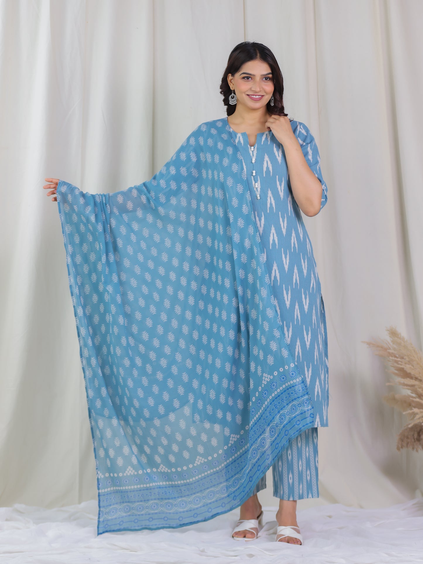 Kantha Cotton Ikat A-line Blue Kurta