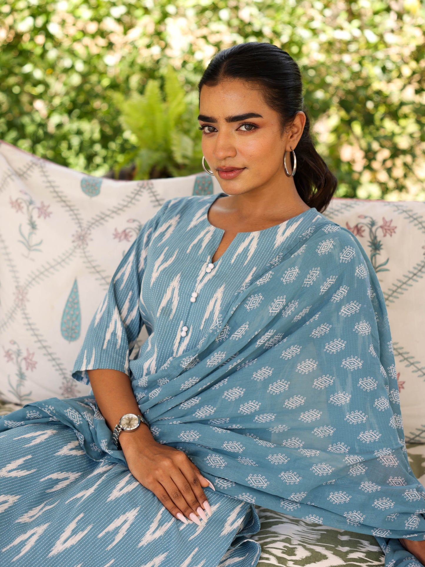 Kantha Cotton Ikat A-line Blue Kurta