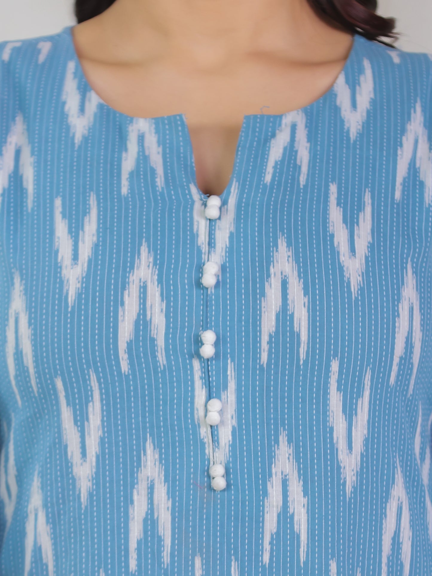 Kantha Cotton Ikat A-line Blue Kurta