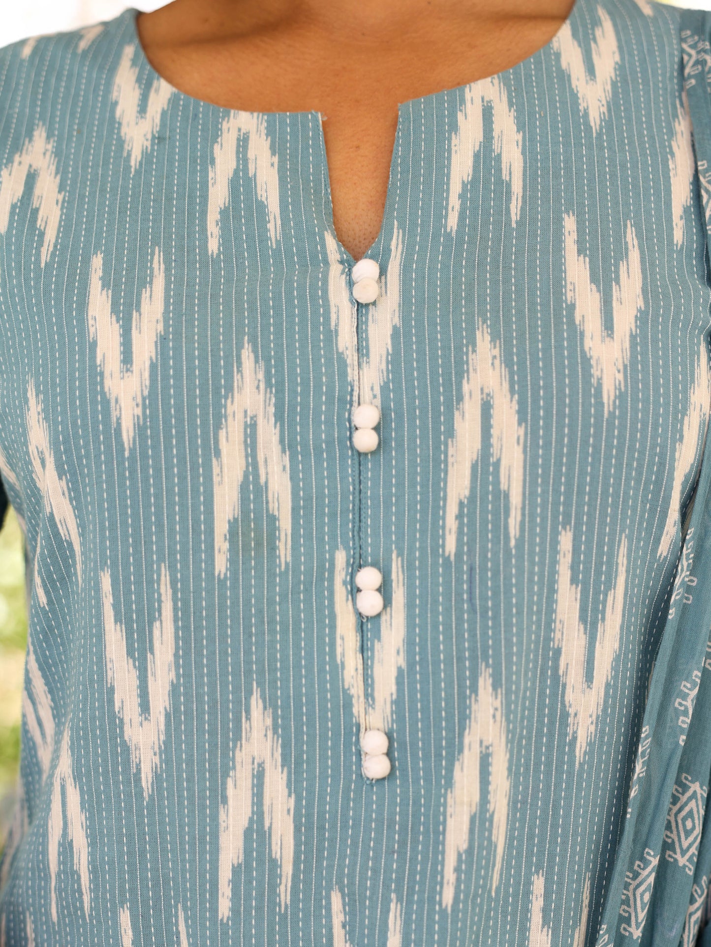 Kantha Cotton Ikat A-line Blue Kurta