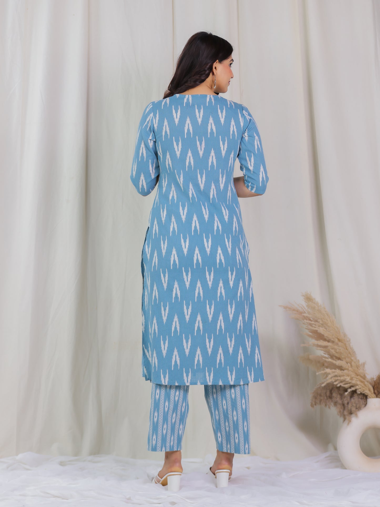 Kantha Cotton Ikat A-line Blue Kurta