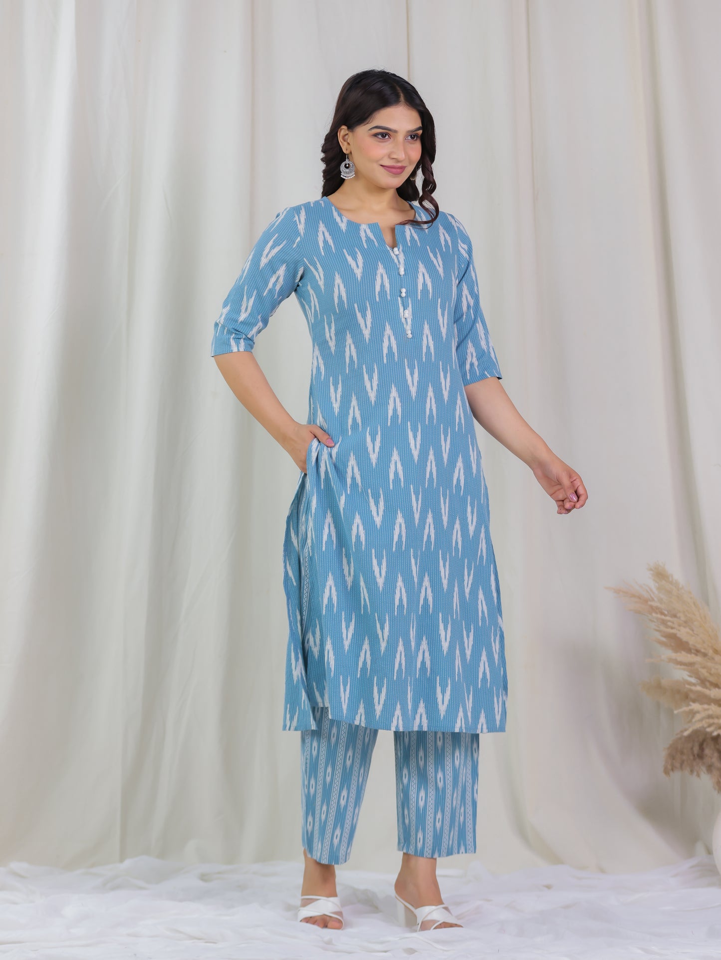 Kantha Cotton Ikat A-line Blue Kurta