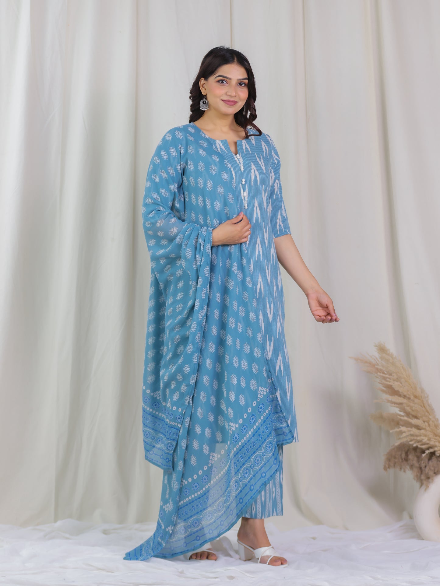 Kantha Cotton Ikat A-line Blue Kurta