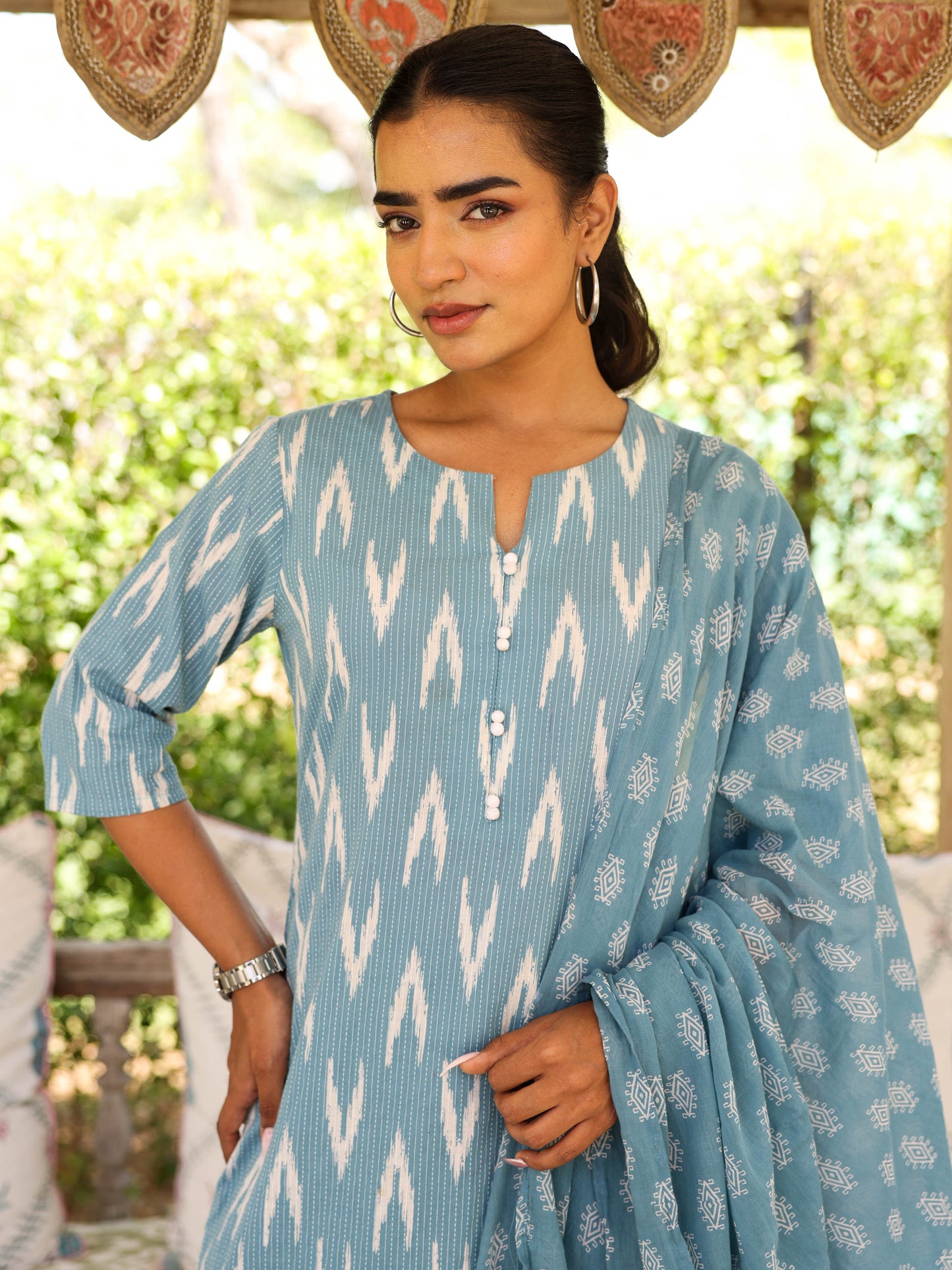 Kantha Cotton Ikat A-line Blue Kurta