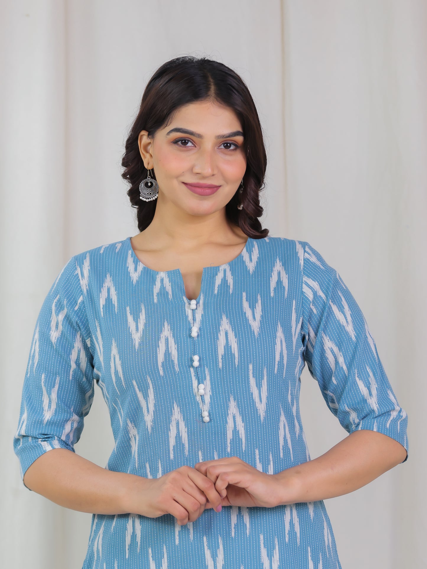 Kantha Cotton Ikat A-line Blue Kurta