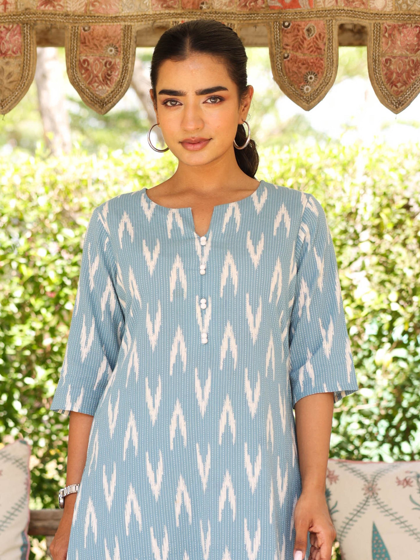 Kantha Cotton Ikat A-line Blue Kurta
