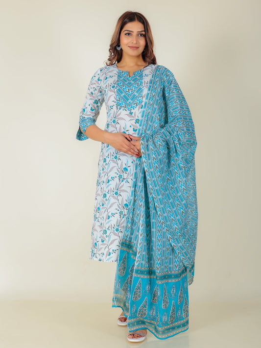 Soft Cotton Floral Straight White Kurta