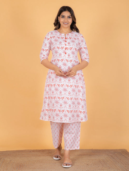 Soft Cotton Floral A-line White Kurta